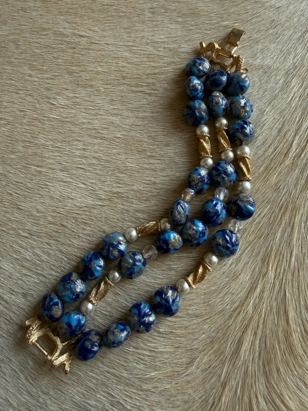 Kramer vintage blue and gold Double-Strand Beaded Bracelet